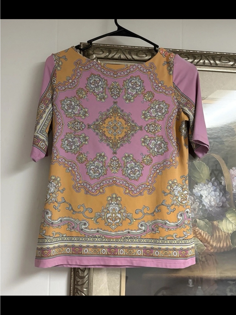 Charter Club Pink and Mustard Paisley Medallion Short Sleeve Top